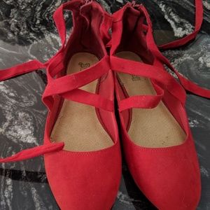 Red Ballet Flats with Ankle Ties 11 wide